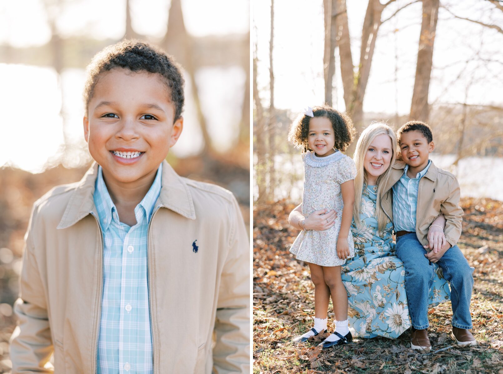 little boy smiling at camera, mom and children smiling at camera