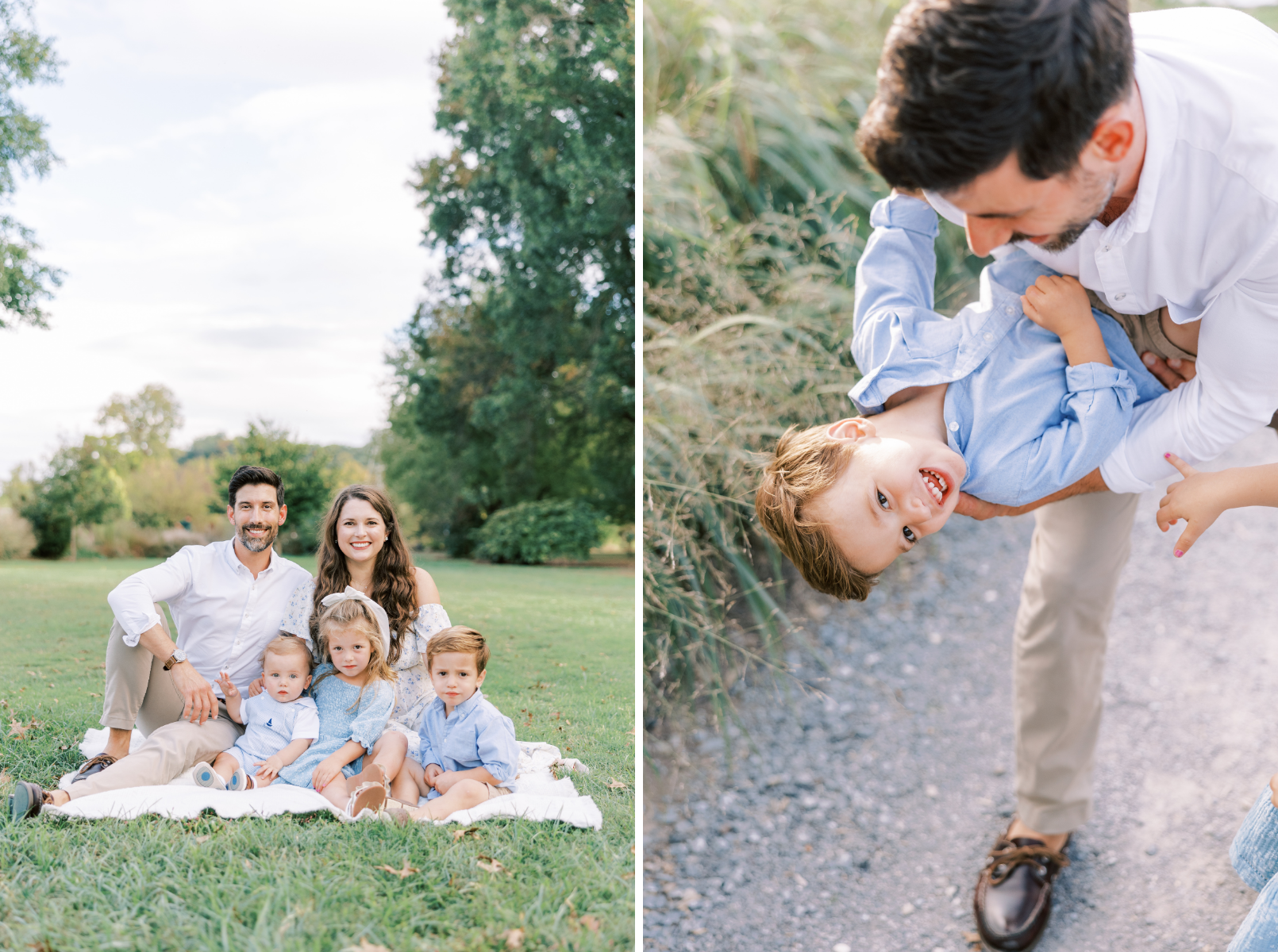family sitting on blanket smiling at camera, dad holding boy upside down