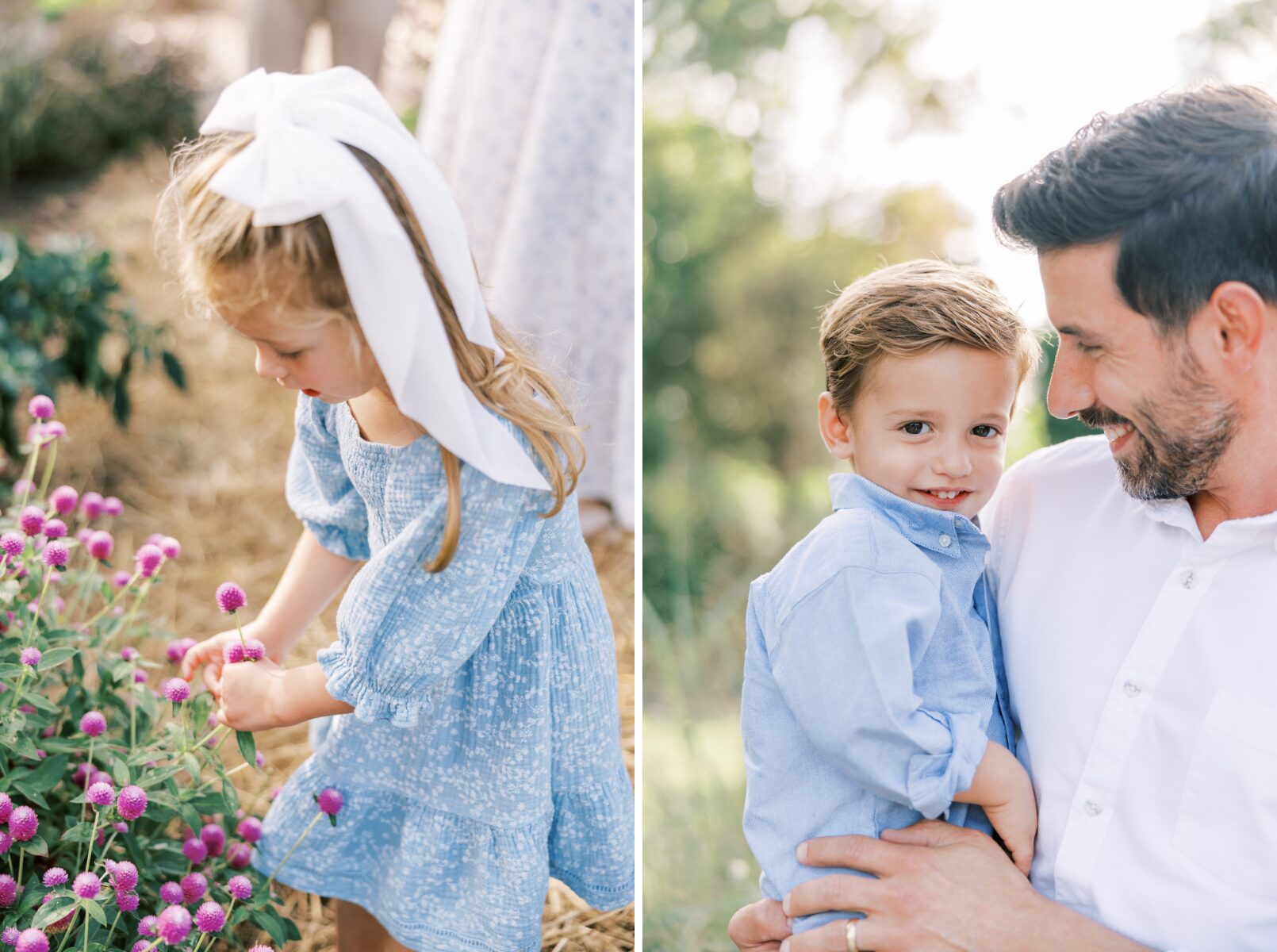 girl looking at flowers, dad holding son 