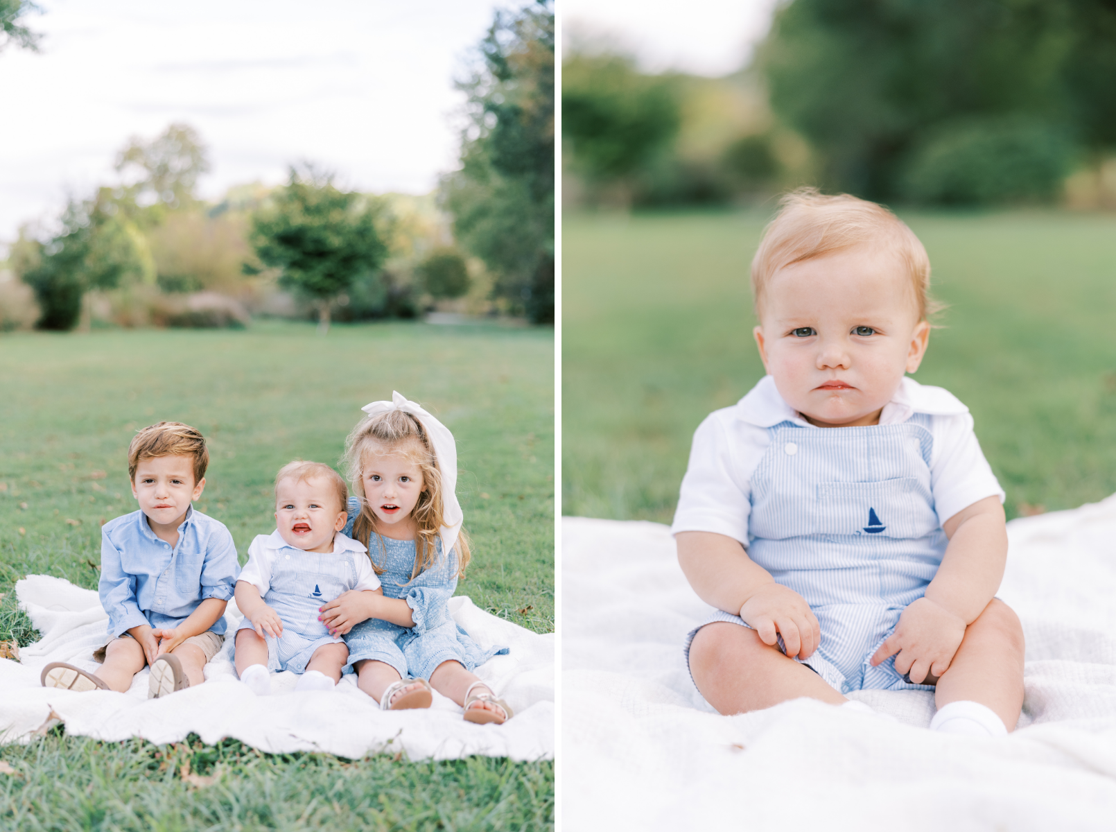 kids on blanket smiling, little boy looking at camera
