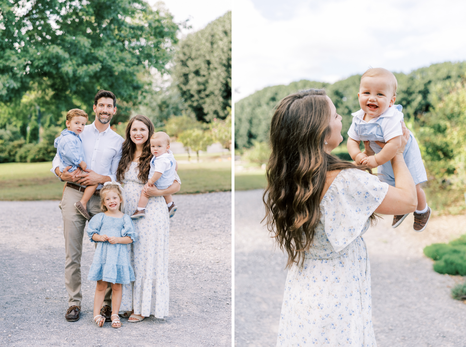 family smiling at camera, mom holding son in air