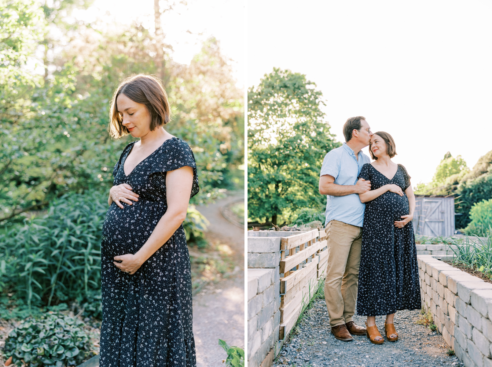 mom holding belly, dad kissing mom on head