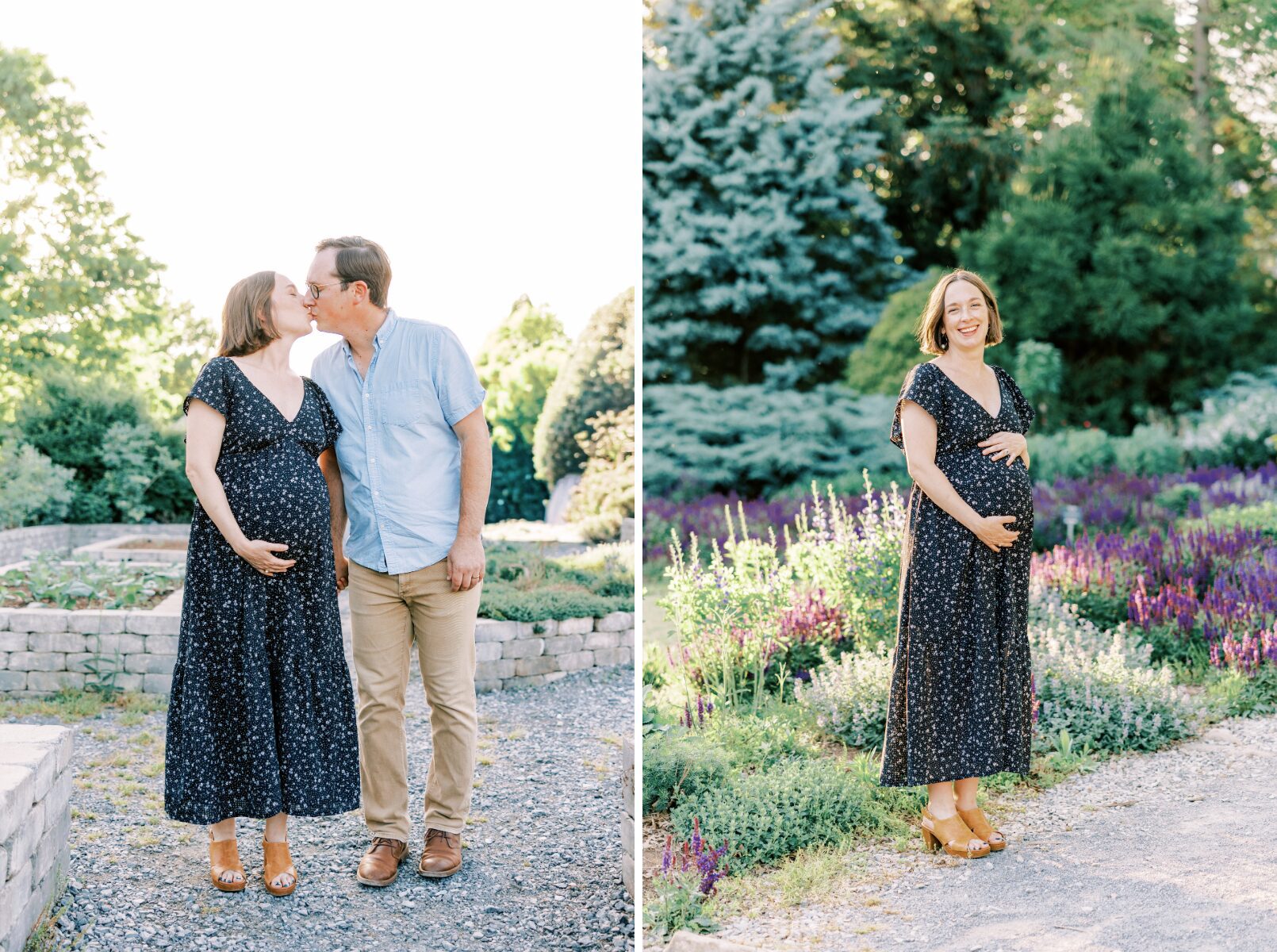 couple kissing, mom smiling at camera holding belly 