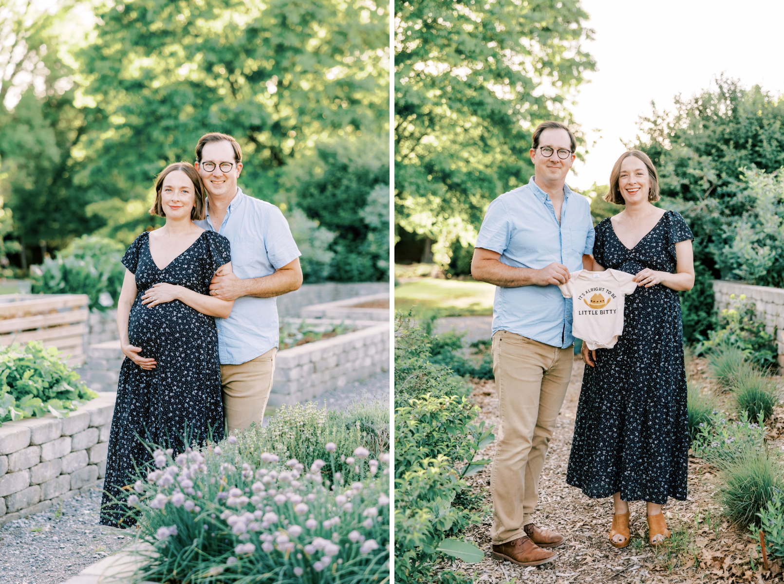couple smiling looking at camera, couple holding onesie smiling at camera