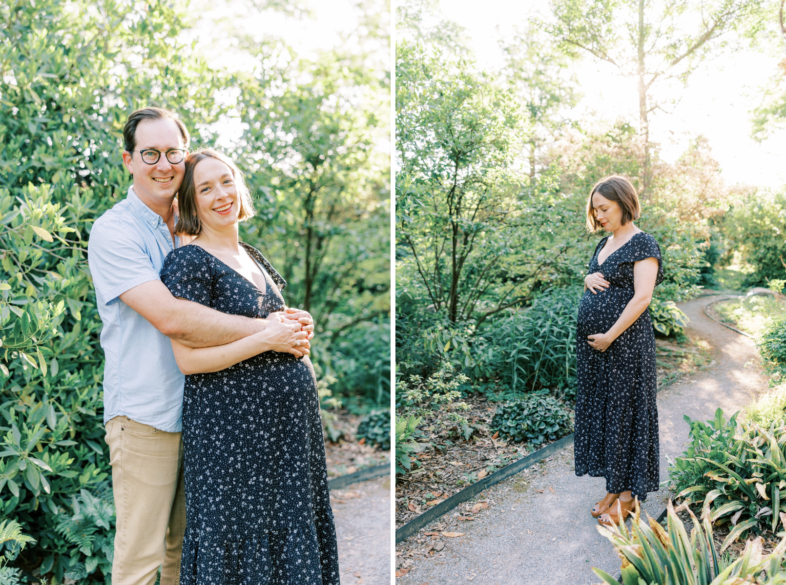 mom leaning into dad, mom looking down and holding belly