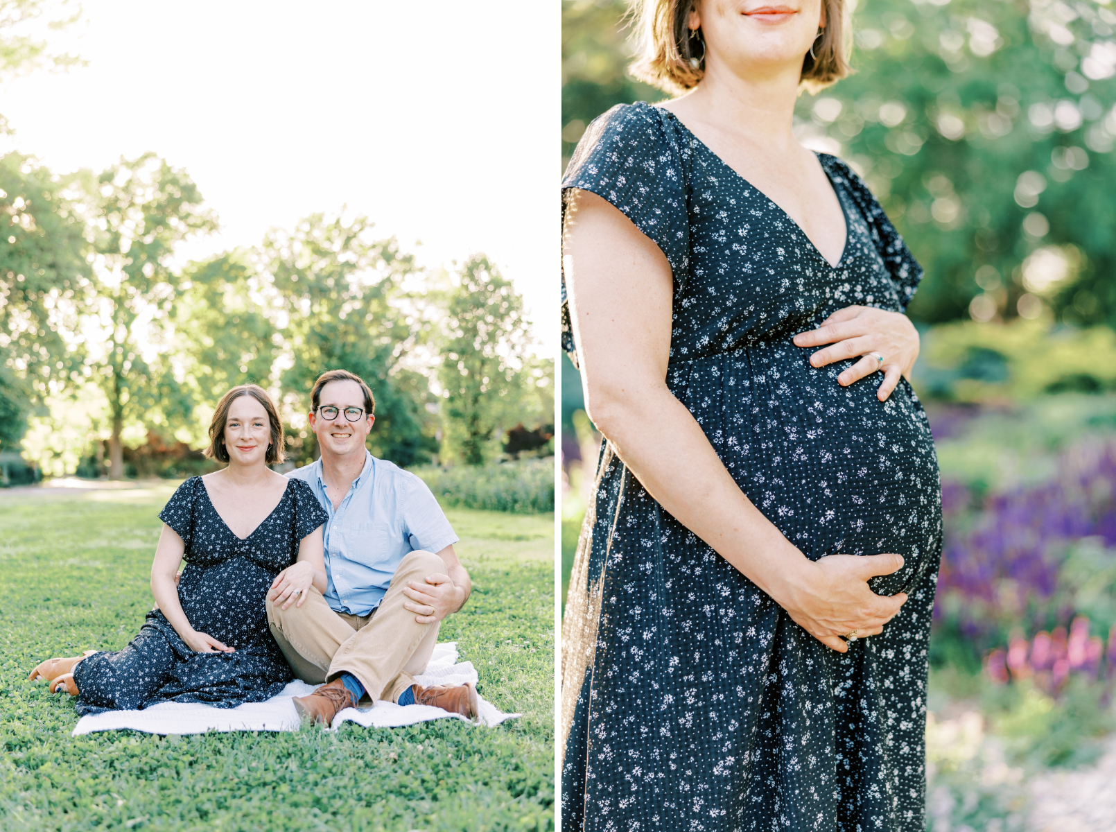 couple sitting on blanket, mom holding belly