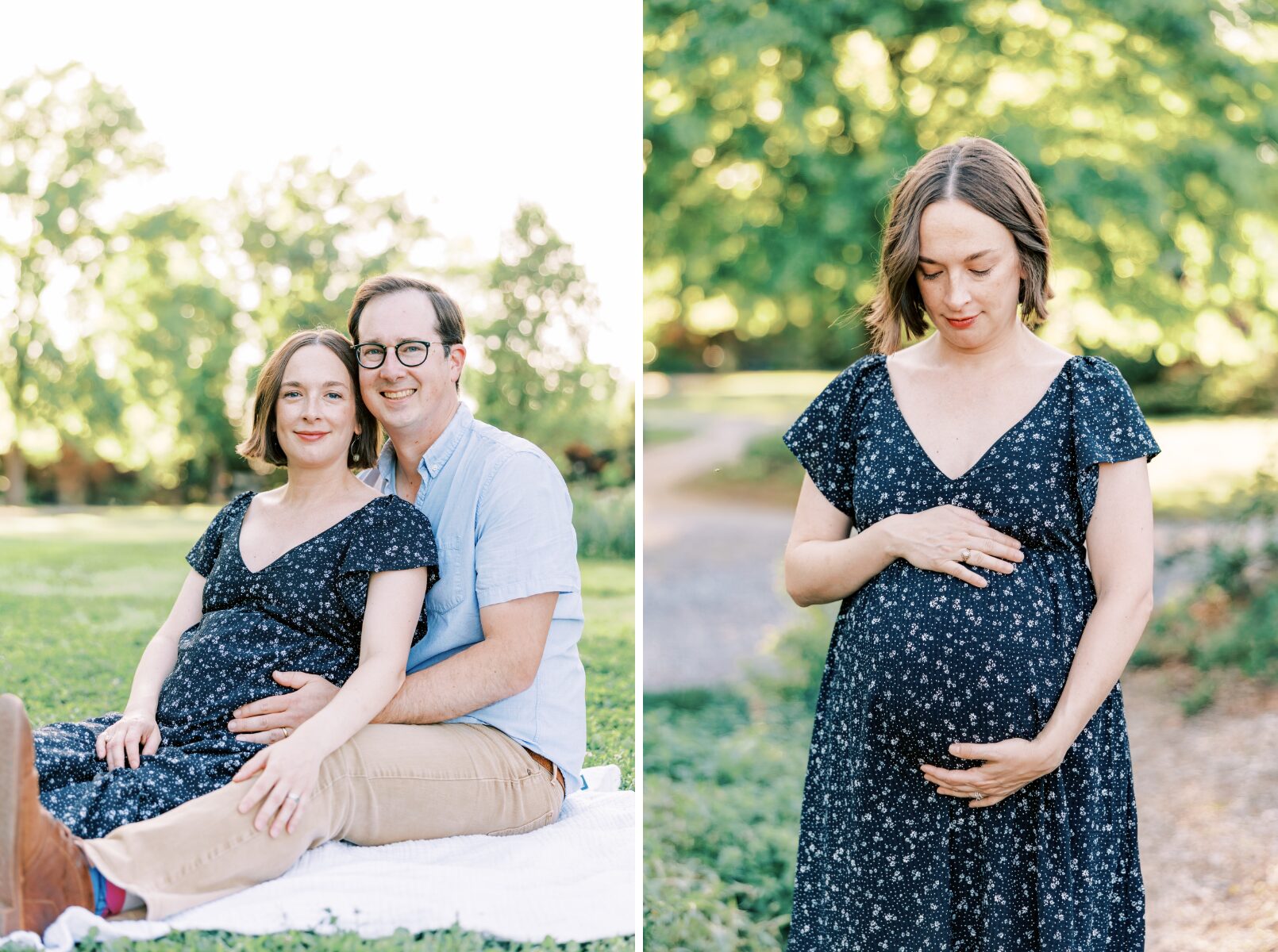 couple sitting on blanket smiling at camera, mom holding belly looking down