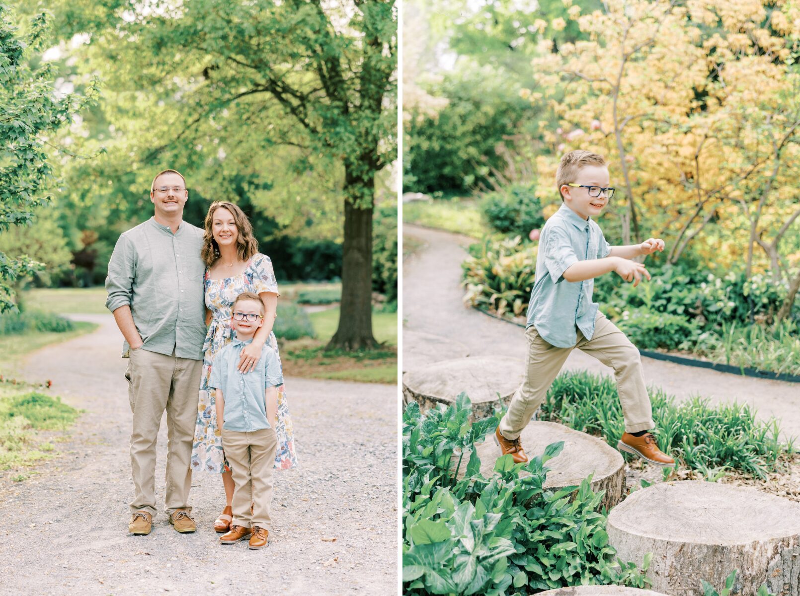 family on gravel smiling, son running and playing