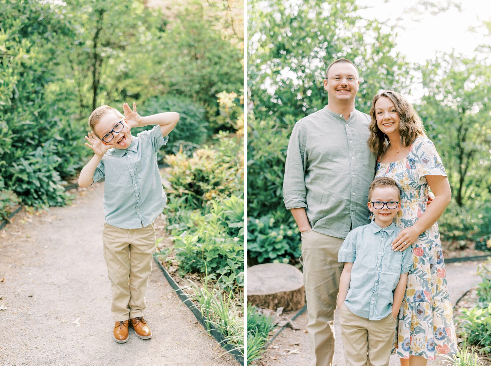 boy making silly face, family smiling at camera