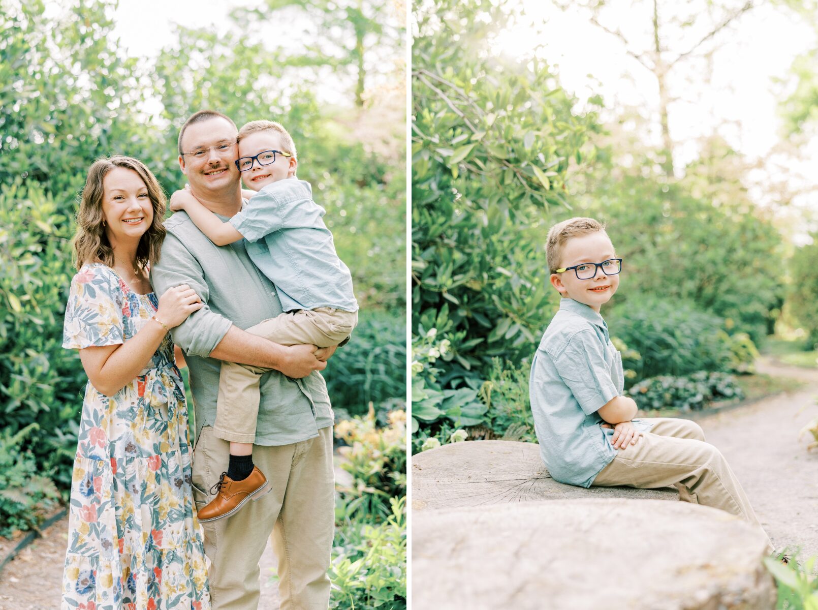 dad holding son with mom right beside, boy smiling at camera sitting on rock