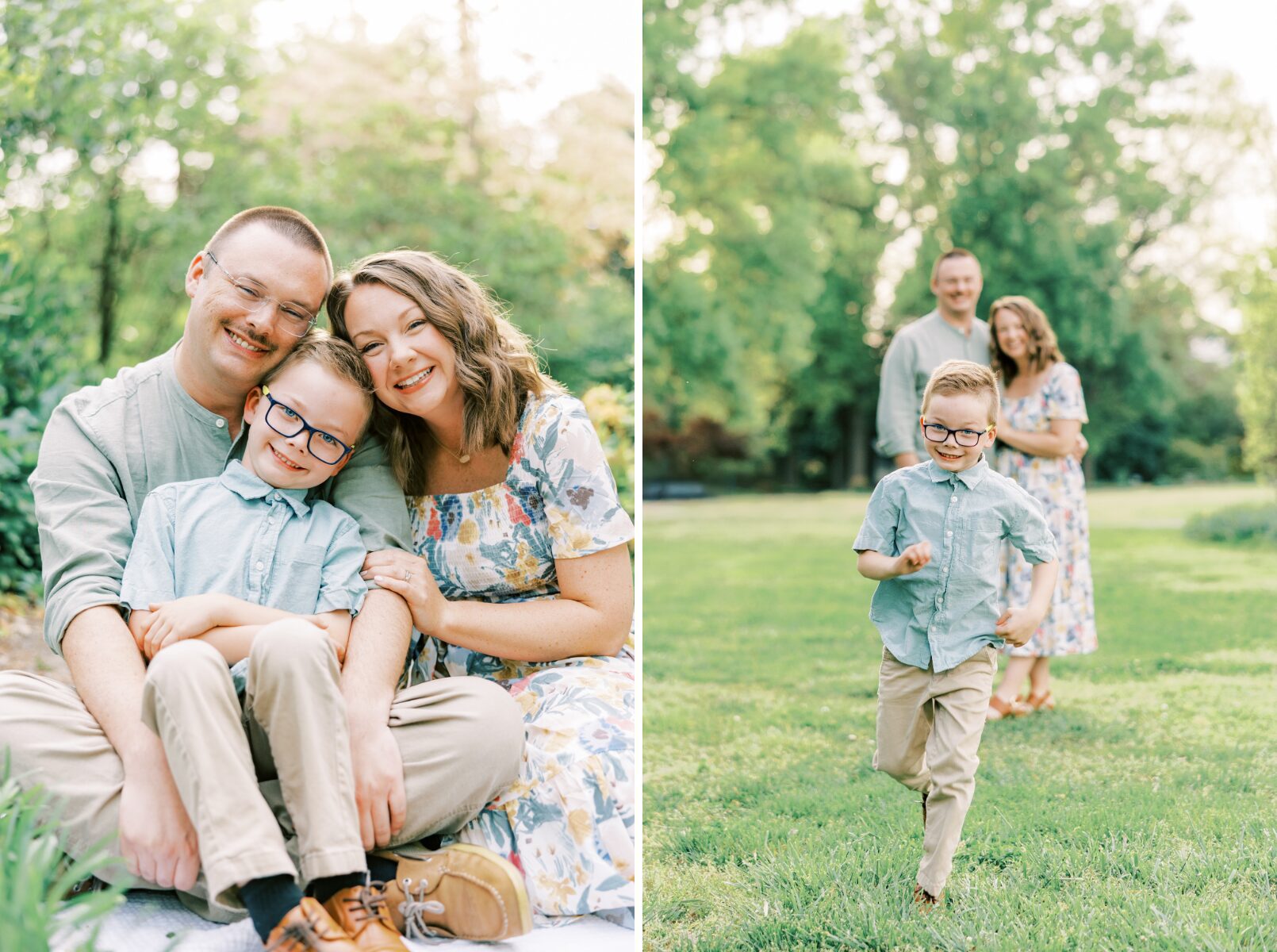 family sitting on ground smiling at camera, boy running toward camera