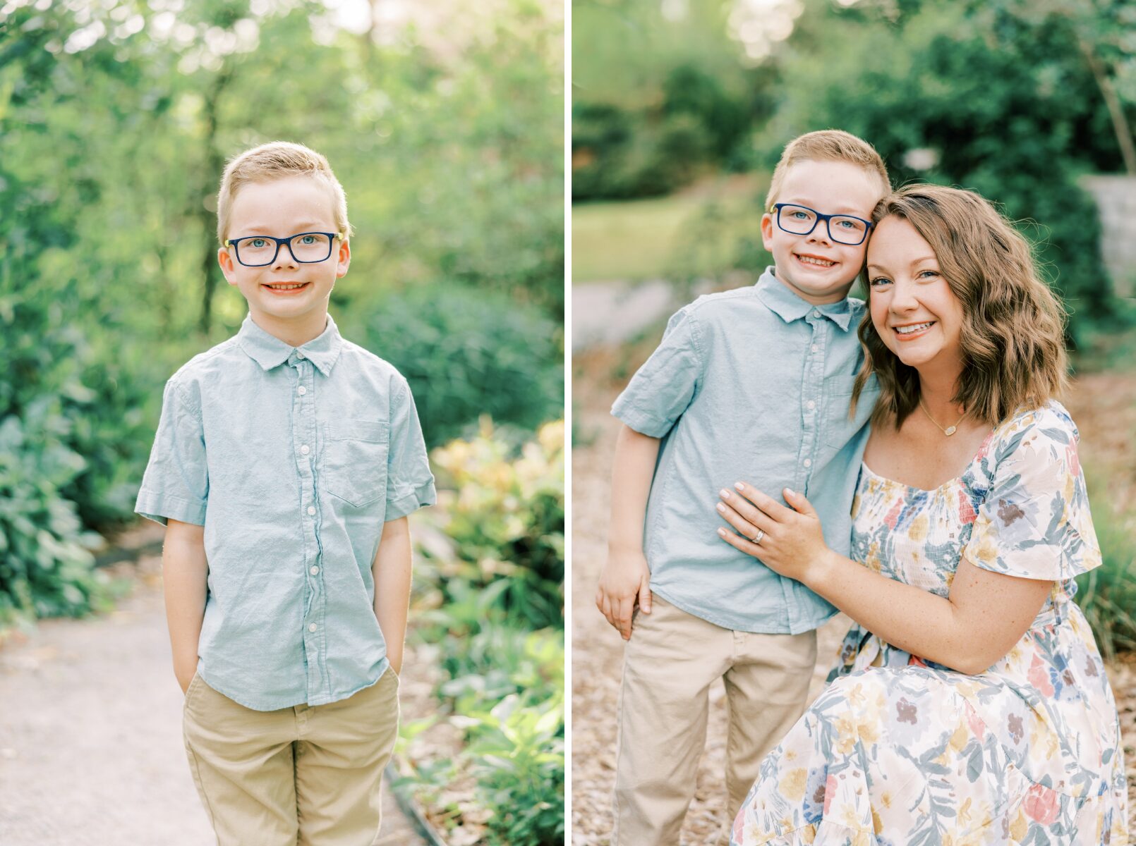 boy smiling at camera, mom with son smiling at camera