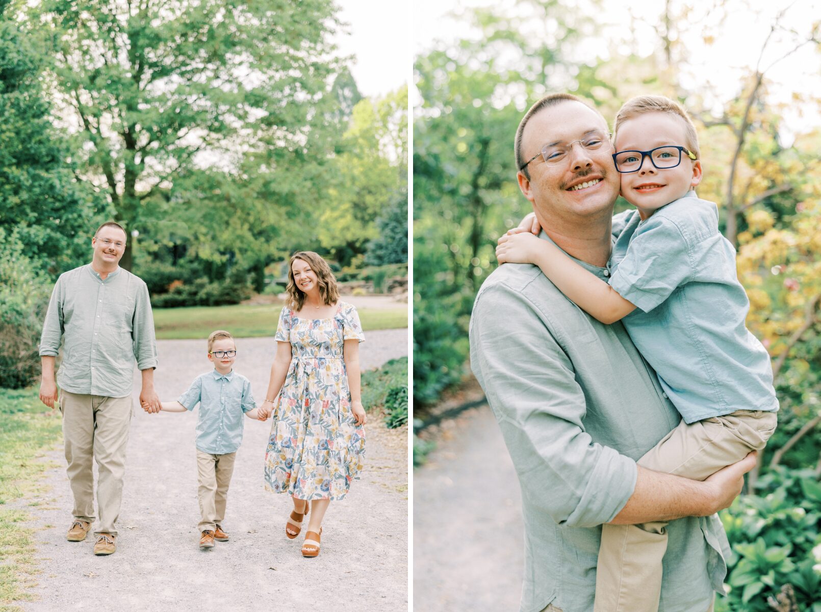 walking holding hands, dad holding boy in arms