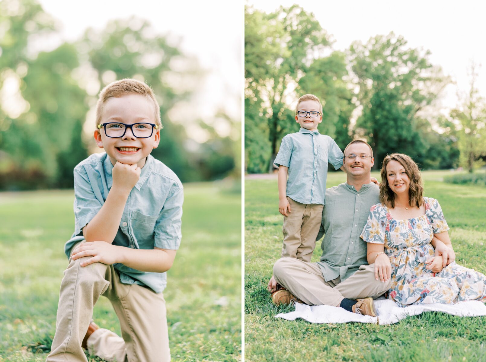 boy with arm on his knee smiling, family on blanket smiling at camera