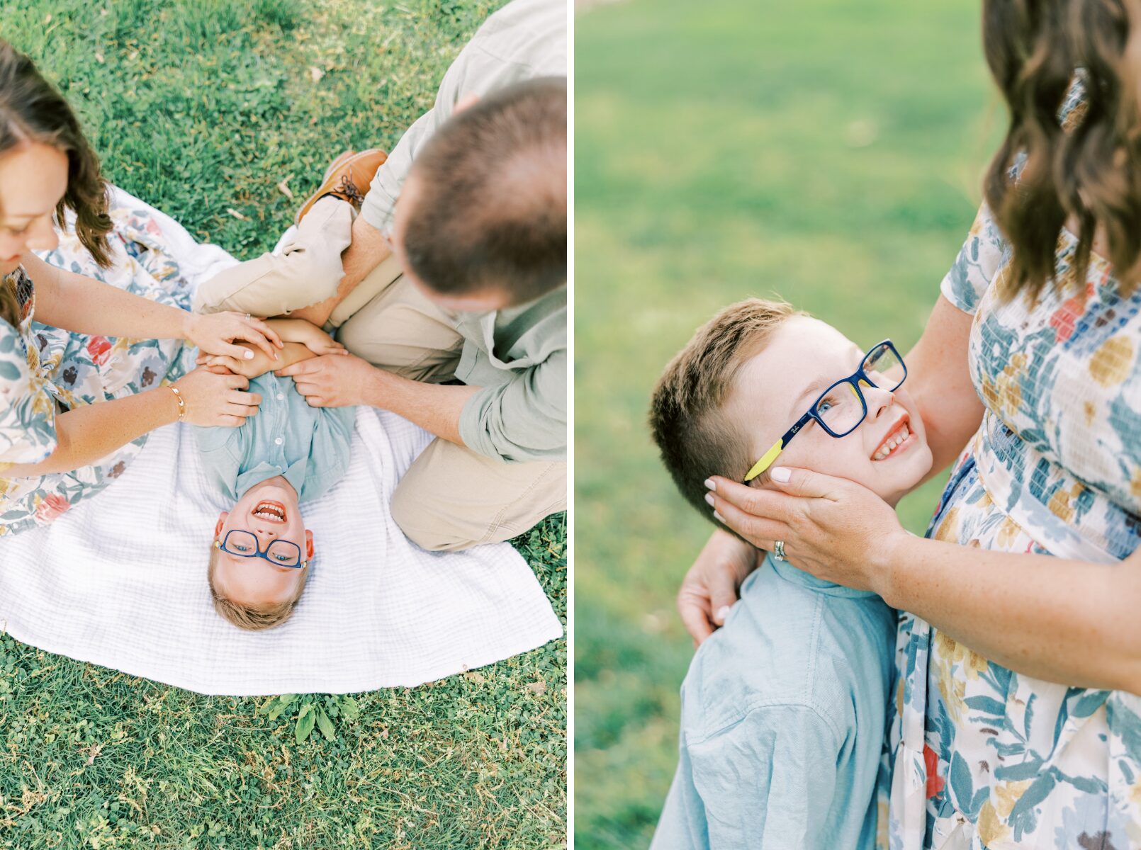 mom and dad tickling son on blanket, boy looking up at mom