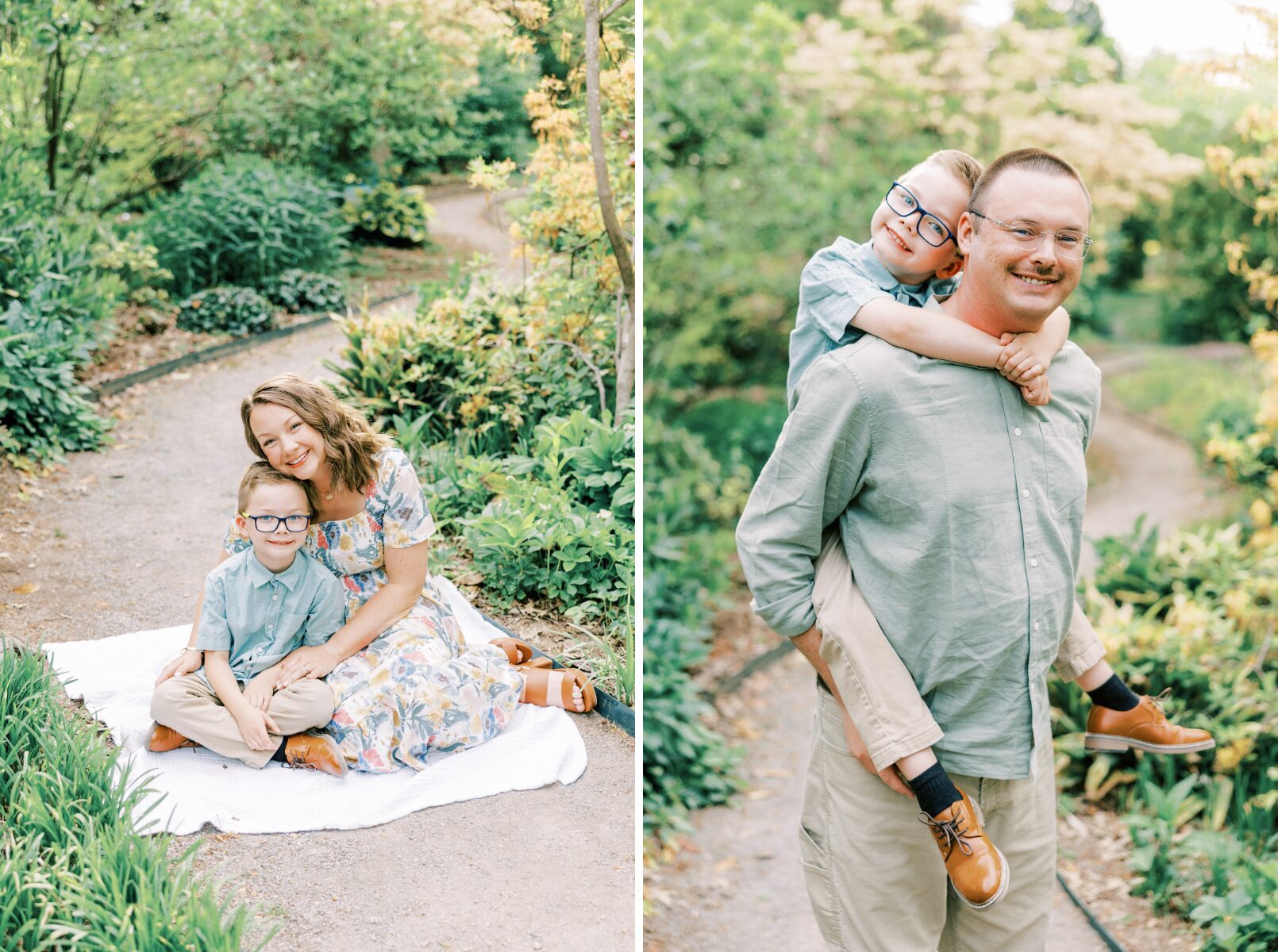 mom and son sitting on blanket smiling, son on dads back smiling