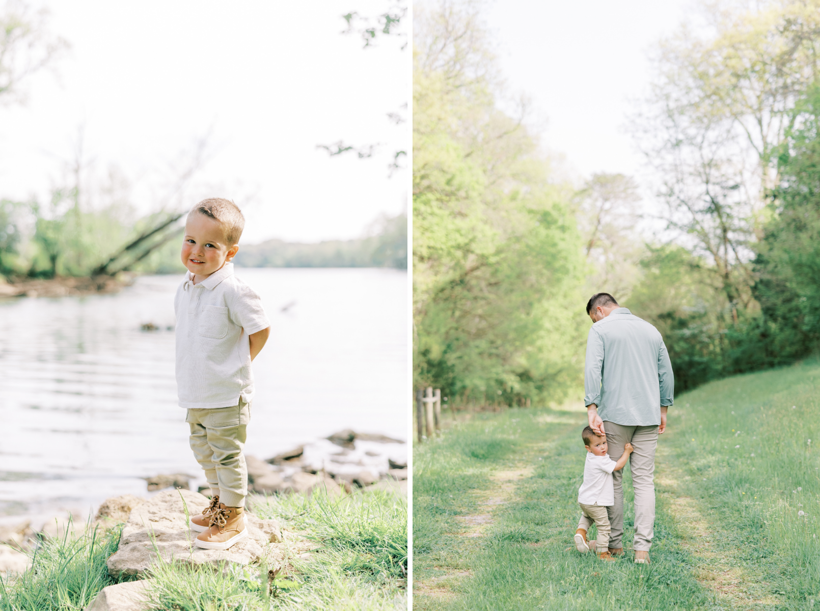 little boy smiling at camera, boy walking with dad holding onto leg