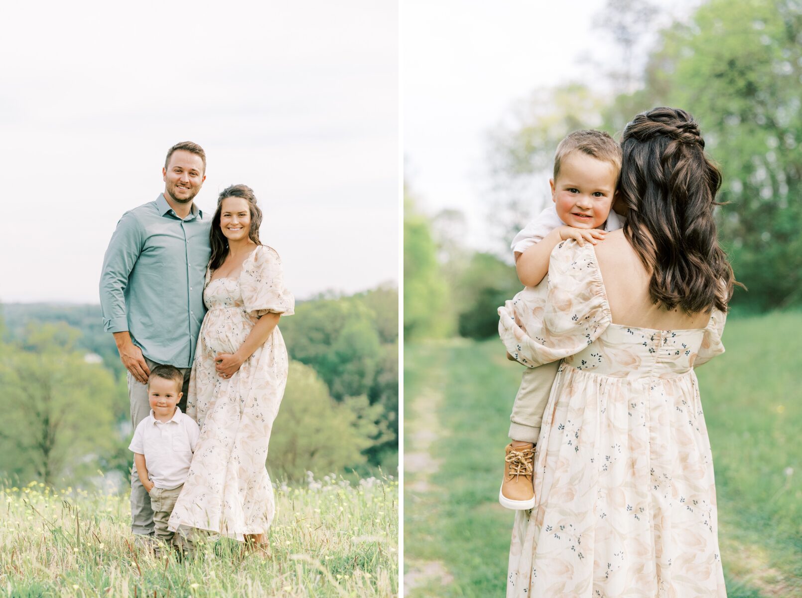 family smiling at camera, mom holding son while boy looks at camera
