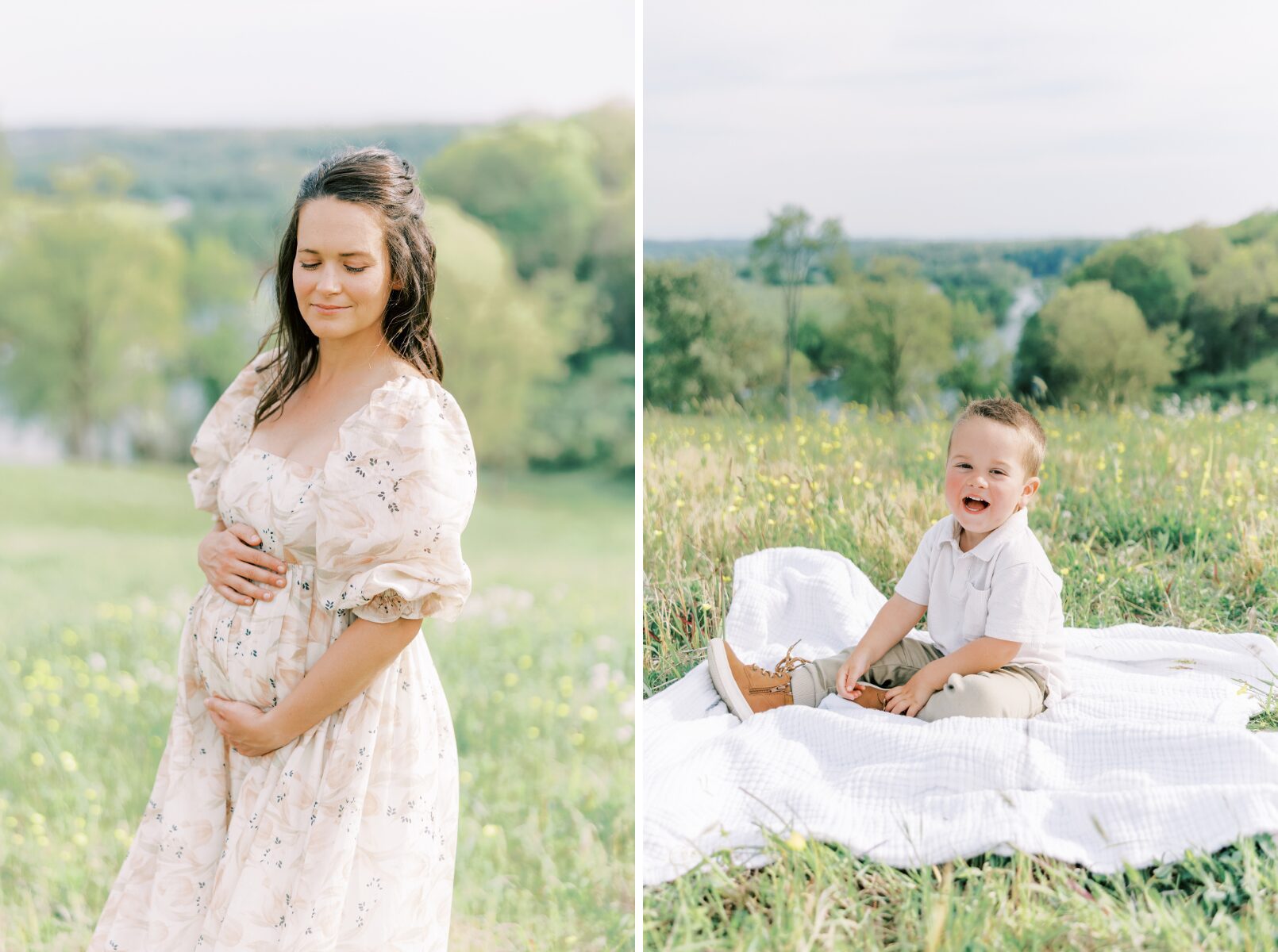 mom holding belly, boy smiling at camera while sitting on blanket