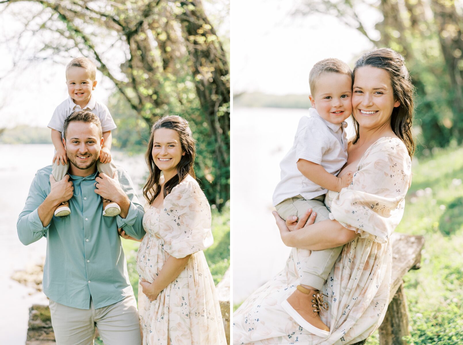 kid on dads' shoulders, mom holding little boy