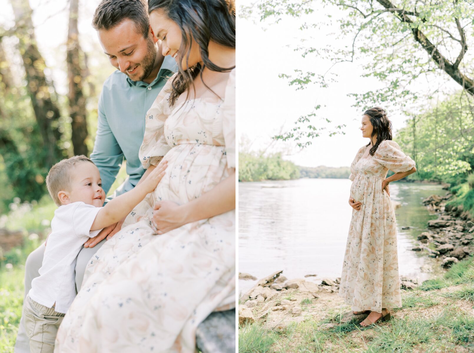mom and dad looking at little boy sitting down, mom holding belly looking away