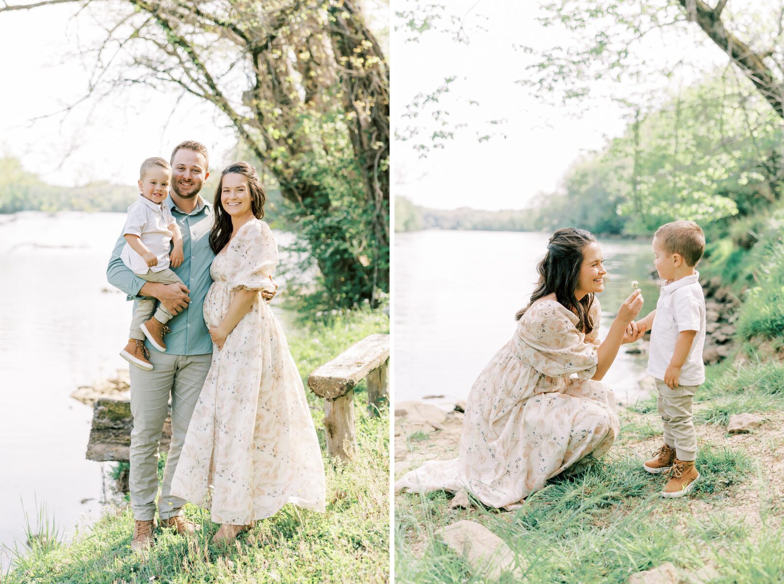 family smiling at camera, mom holding flower with little boy