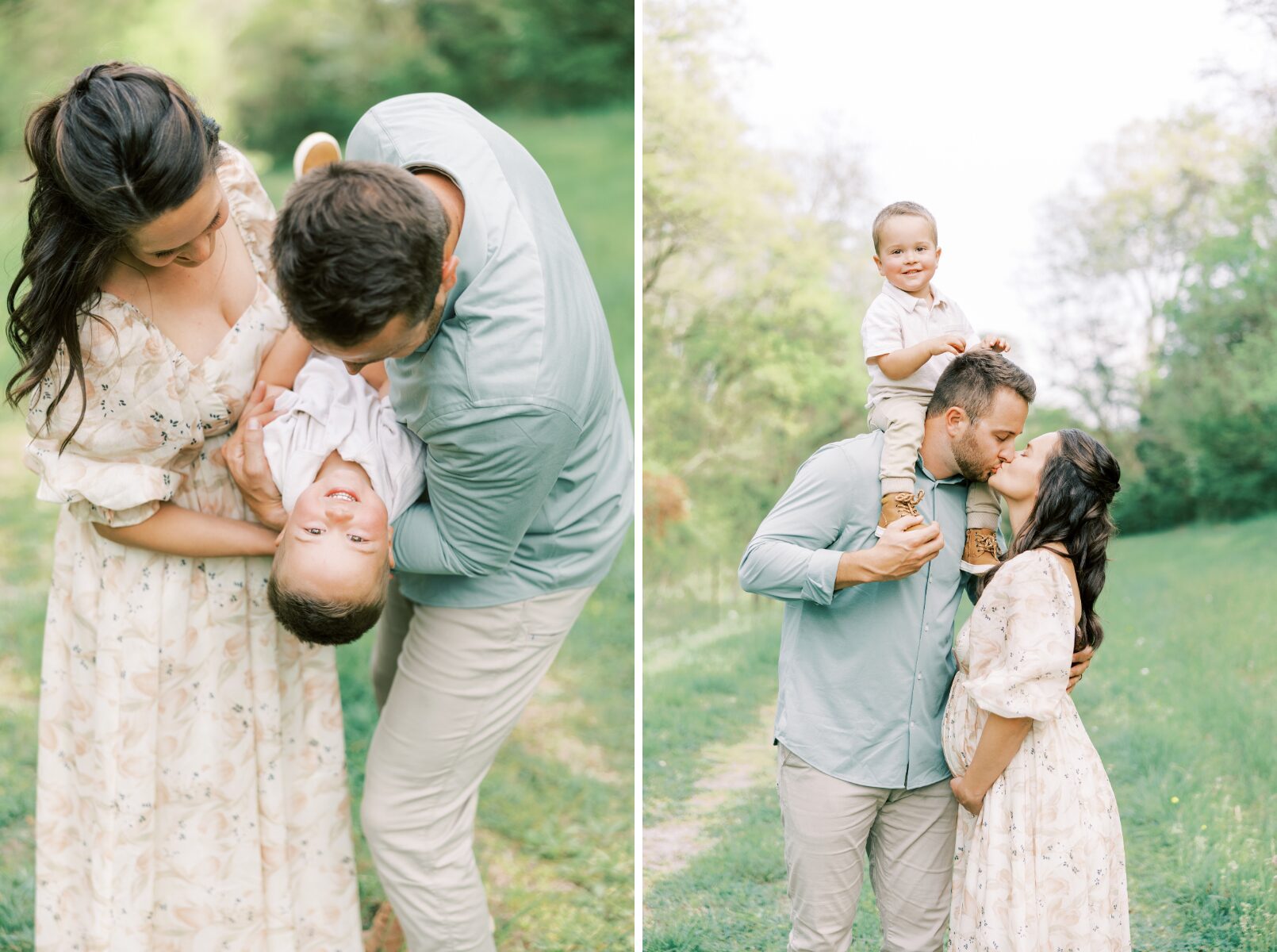 holding boy upside down, mom and dad kissing with boy on shoulders