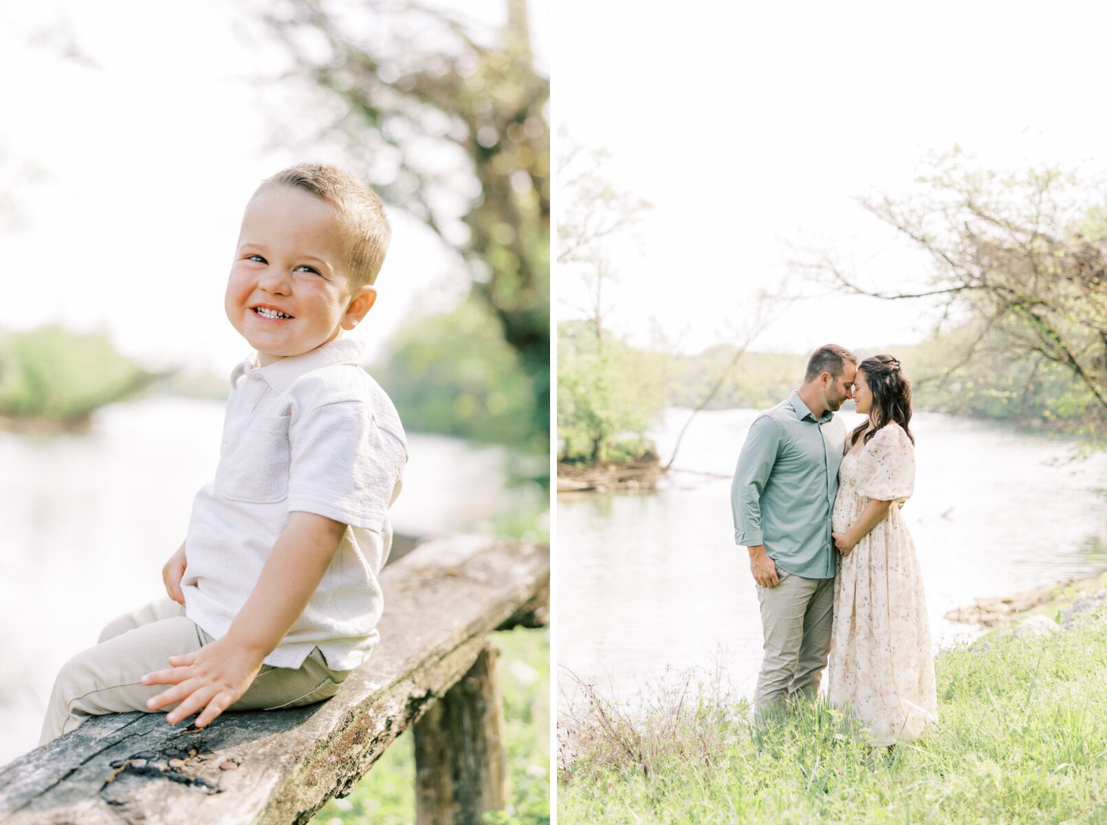 boy smiling at camera, mom and dad leaned heads together