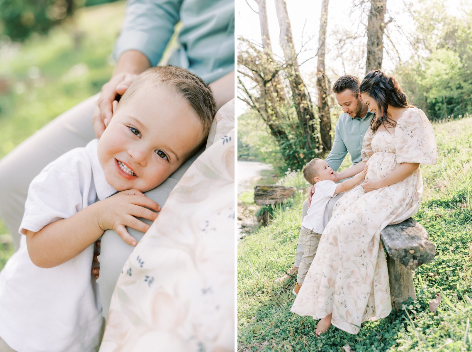 boy smiling at camera, mom and dad looking at son while sitting on bench