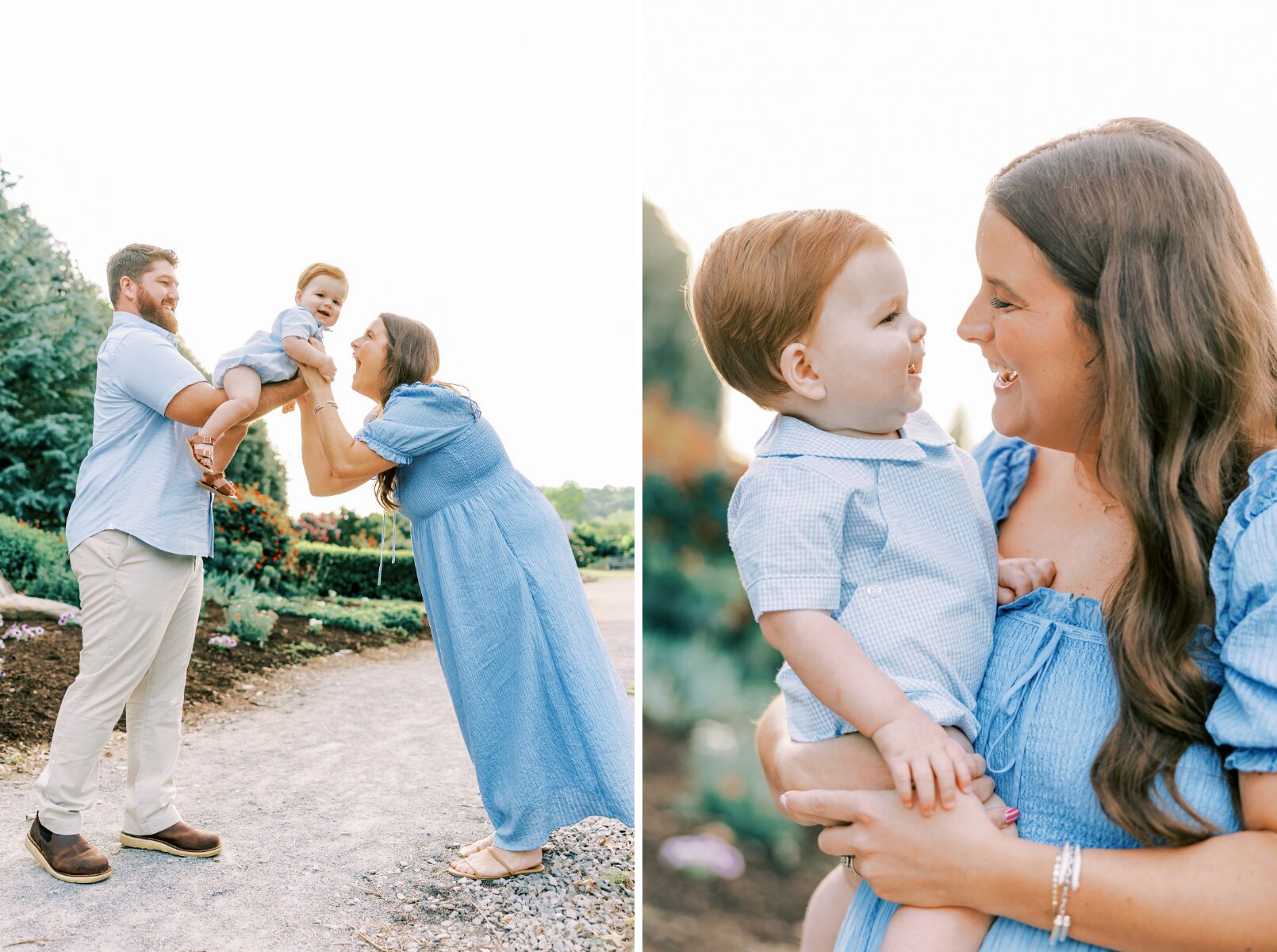 dad tossing boy in air, mom looking at son