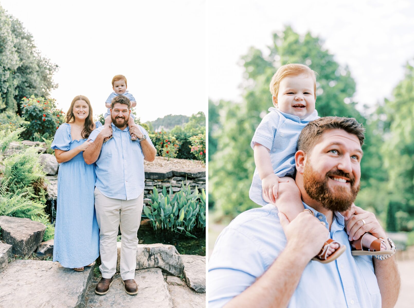boy on dads shoulders smiling at camera, family smiling at camera