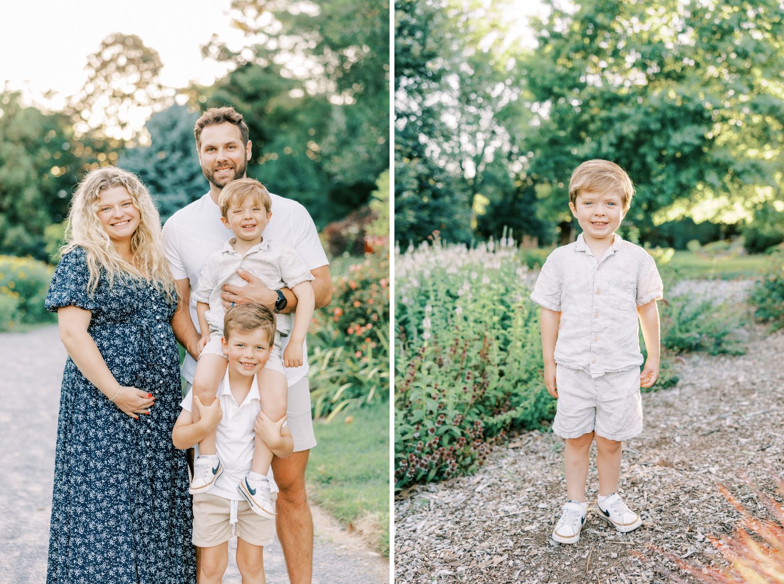 family smiling at camera, boy smiling at camera with hands in pockets