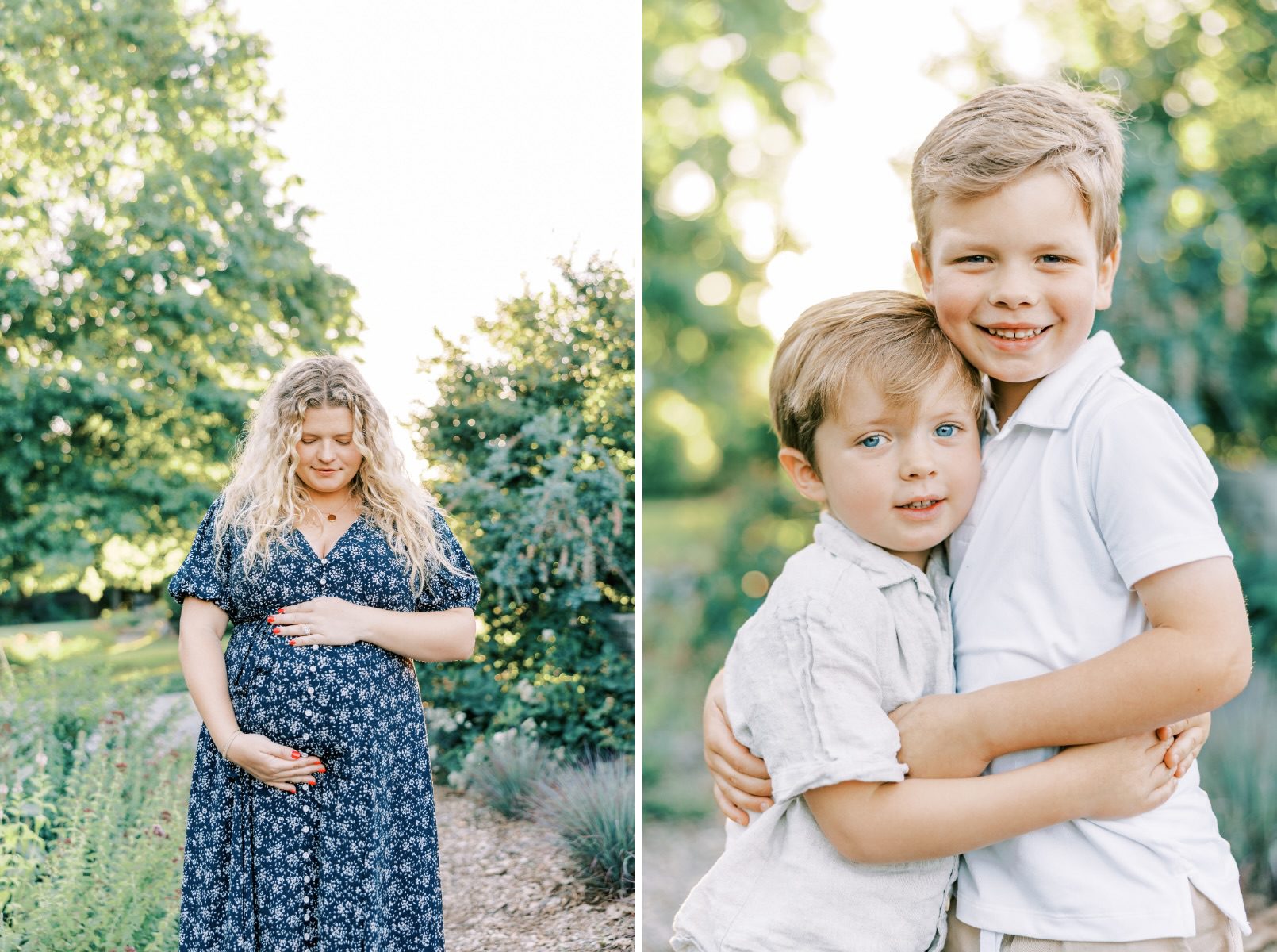 mom holding belly looking down, boys smiling at camera holding each other