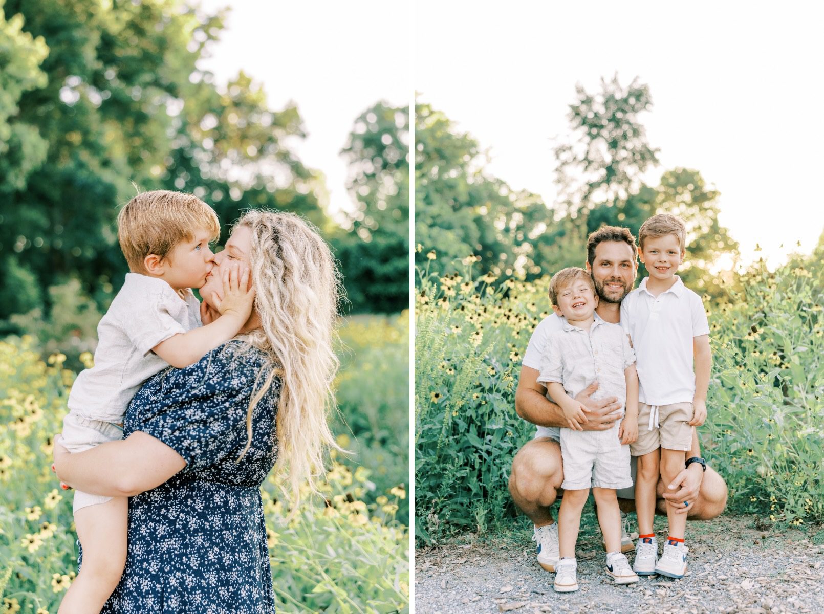 mom and youngest boy kissing, dad smiling at camera with sons