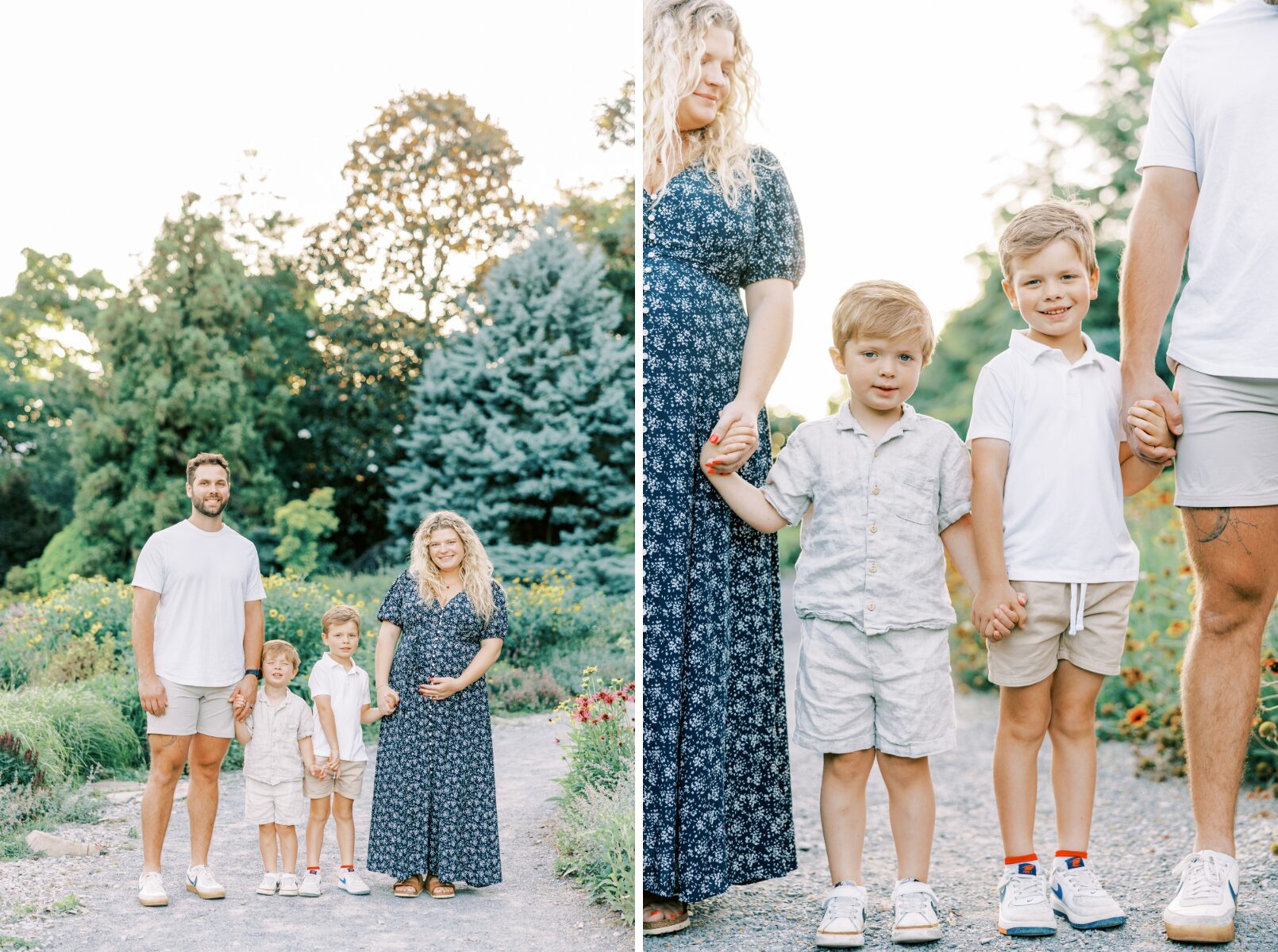 family smiling at camera with greenery in background, boys holding hands looking at camera