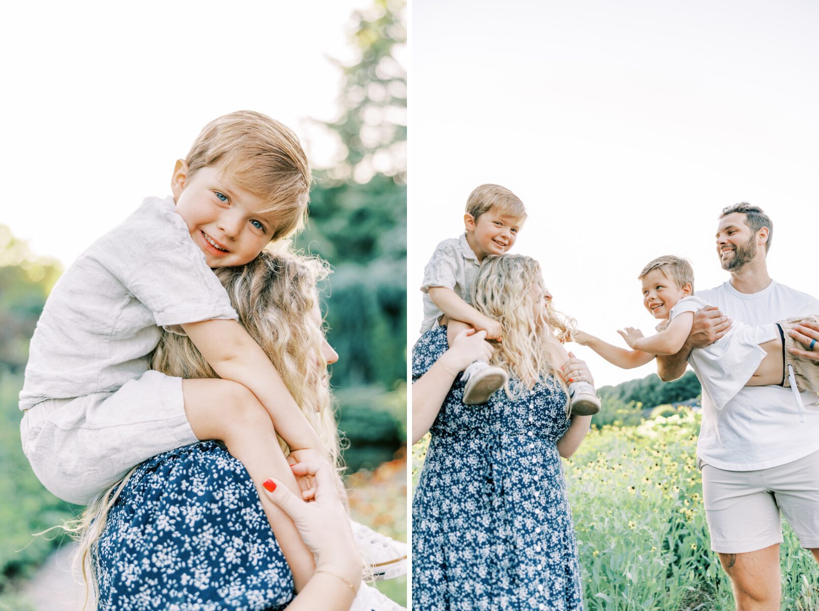 boy on mom's shoulders, family laughing with boy on moms shoulders