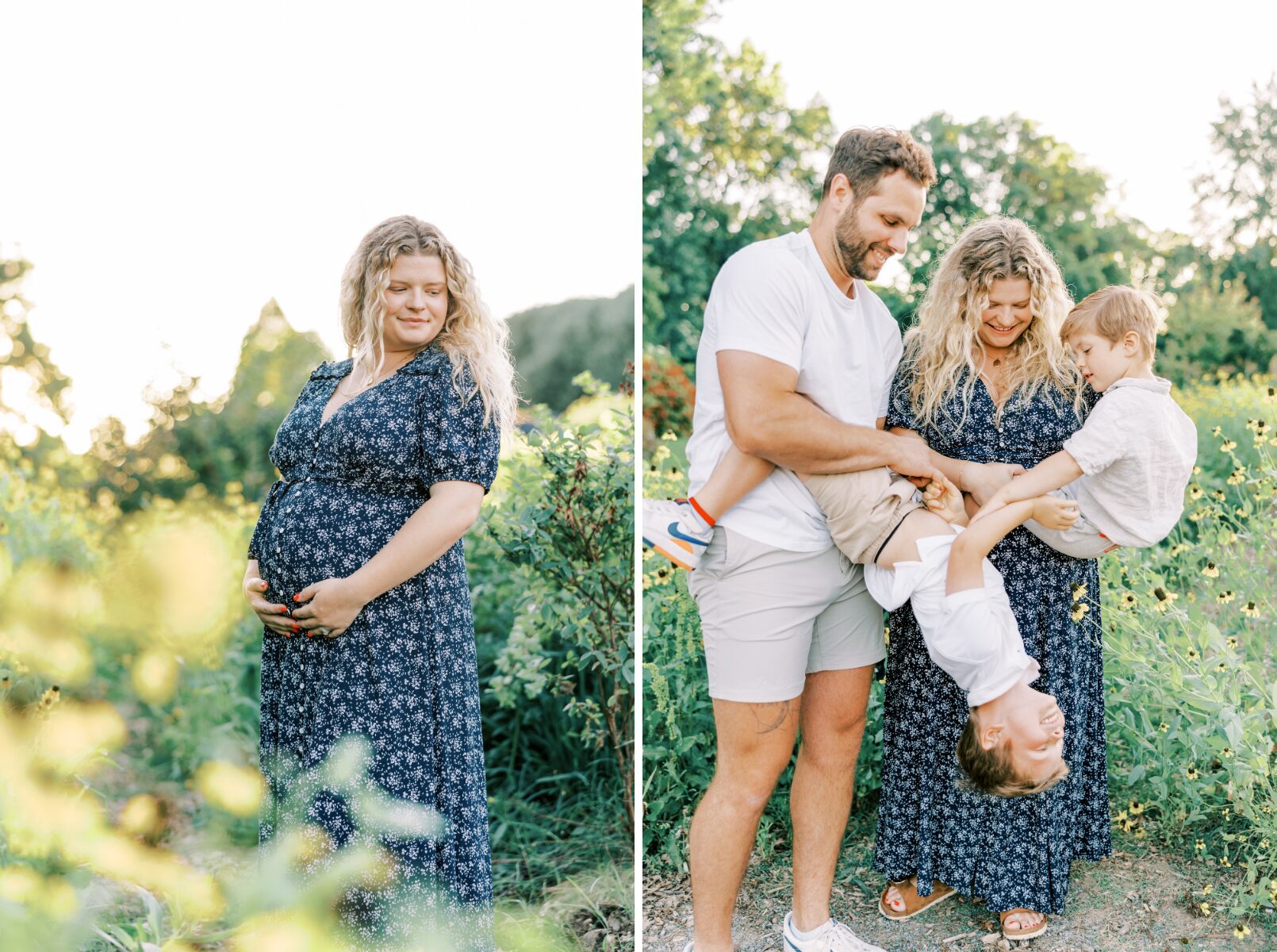mom showing off pregnant belly, family laughing together